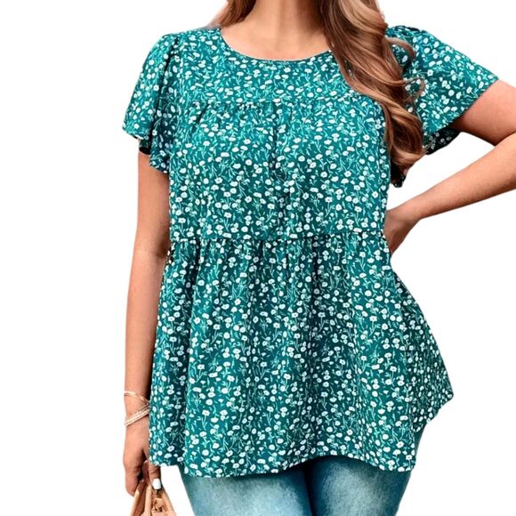 Womens Plus size 1X and 2X Teal/Pink Ditsy Floral Round Neck Short Sleeve Blouse - Picture 1 of 12